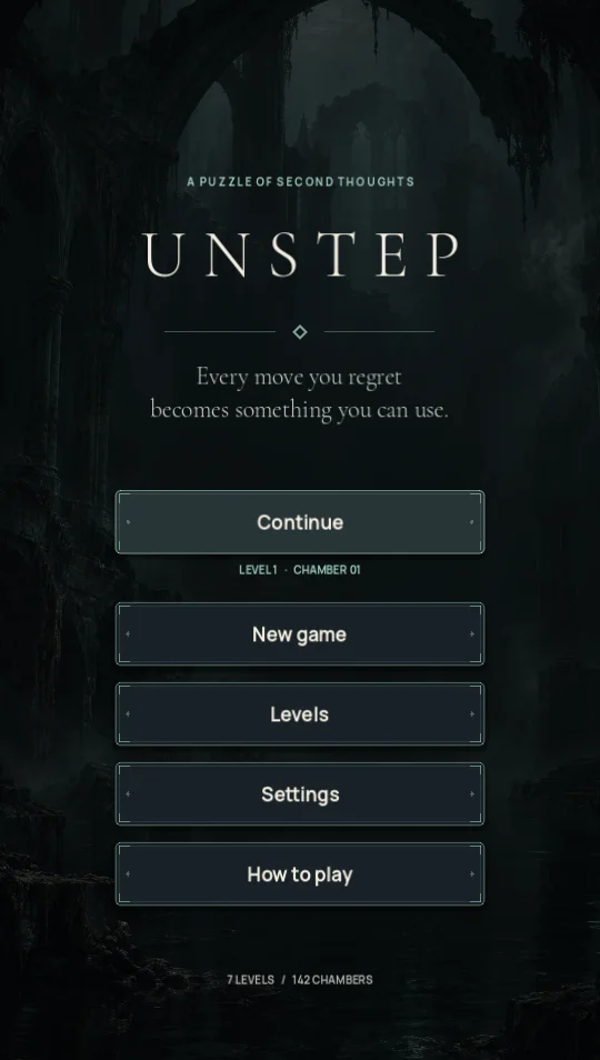 UNstep main menu in a dark flooded cloister