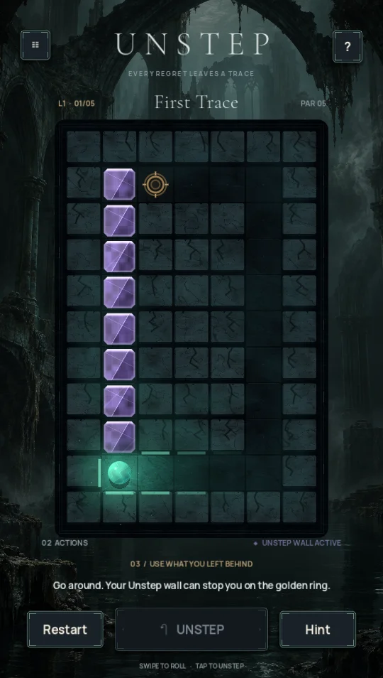 A UNstep puzzle with a glowing marble, a golden goal, and a violet wall made from an undone path